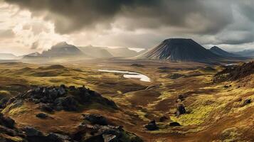 panoramisch landschap van IJsland. dramatisch bewolkt lucht. generatief ai. foto