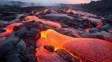 vulkanisch landschap Bij zonsopkomst in Hawaii vulkanen nationaal park. generatief ai. foto