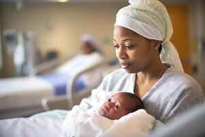 Afrikaanse Amerikaans moeder met haar pasgeboren baby in ziekenhuis afdeling. generatief ai. foto