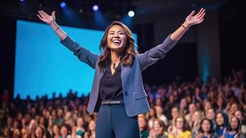 verliet Aziatisch vrouw motiverende spreker Aan fase. diversiteit, succes, leiderschap, stam concept. generatief ai. foto