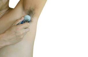 hand- Mens oksel deodorant met deodorant wit achtergrond foto