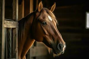 een elegant bruin paard Aan de boerderij. portret. ai-gegenereerd beeld foto