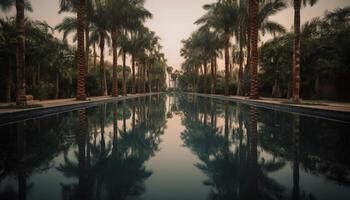 rustig tafereel van tropisch palm bomen door de zwemmen zwembad gegenereerd door ai foto