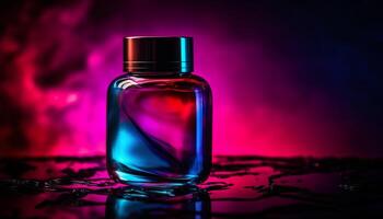 abstract Purper vloeistof in glas fles, sproeien geparfumeerd parfum gegenereerd door ai foto