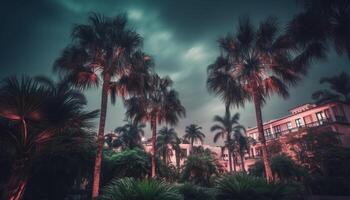 tropisch palm bomen verlichten de donker kustlijn Bij schemer gegenereerd door ai foto