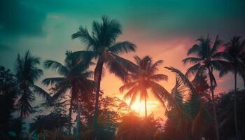 rustig zonsondergang over- tropisch palm boom kustlijn, natuur schoonheid tentoongesteld gegenereerd door ai foto