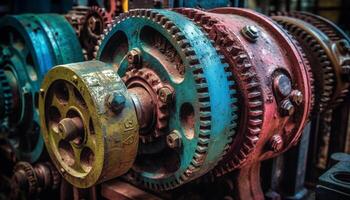 metalen machinerie draaien zwaar propeller in oud staal fabriek werkplaats gegenereerd door ai foto