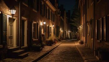 oud stad straat verlichte door lantaarns en straat lichten Bij schemer gegenereerd door ai foto