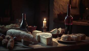 rustiek Frans cultuur wijn, brood, en kaas Aan houten tafel gegenereerd door ai foto