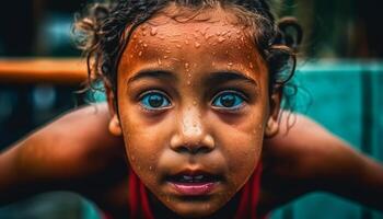 een schattig meisje spelen in de nat buitenshuis, genieten van zomer vreugde gegenereerd door ai foto