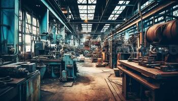 deskundige metaal arbeiders gebruik oud fashioned machinerie in vuil fabriek werkplaats gegenereerd door ai foto