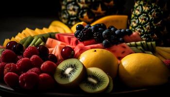 kleurrijk fruit salade met sappig bessen en vers citrus plakjes gegenereerd door ai foto