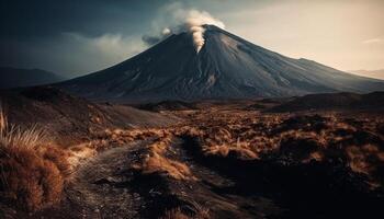 majestueus berg bereik, uitbarsting vulkaan, rustig tafereel Bij dageraad gegenereerd door ai foto