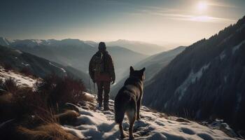 mannen en huisdieren wandelen berg top in winter landschap avontuur gegenereerd door ai foto