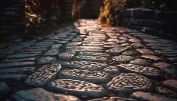 steen voetpad kronkelt door oude geplaveide ruïnes in herfst zonlicht gegenereerd door ai foto