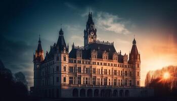 de gotisch spits van de religieus monument verlicht door zonsondergang gegenereerd door ai foto