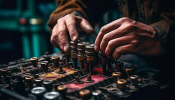 geschoold timmerman repareren machinerie met hand- gereedschap in werkplaats gegenereerd door ai foto