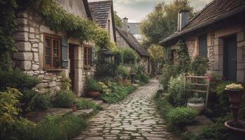 een idyllisch oud fashioned Frans huisje met een rustiek steen facade gegenereerd door ai foto