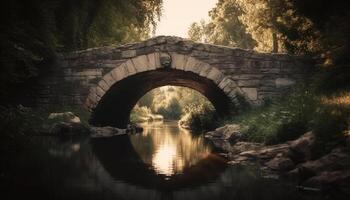 rustig schemering, zonlicht Aan vijver, oude brug, natuur schoonheid weerspiegeld gegenereerd door ai foto