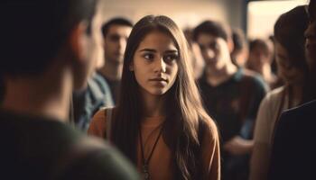 groot groep van studenten genieten van zorgeloos nacht Bij sociaal evenement gegenereerd door ai foto