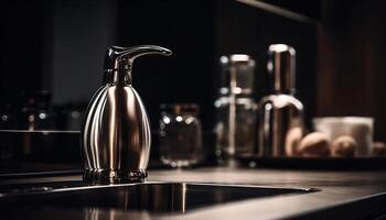 modern keuken elegantie roestvrij staal wasbak, kraan, en chroom huishoudelijke apparaten gegenereerd door ai foto