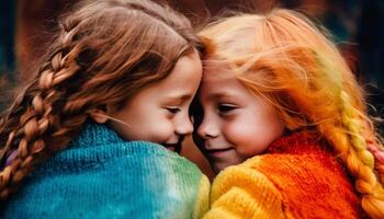 twee vrolijk Kaukasisch meisjes omarmen in natuur, genieten van kinderjaren pret gegenereerd door ai foto