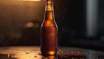 een koud, schuimig bier glas met goud gekleurde vloeistof en schuim gegenereerd door ai foto