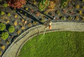 tuin industrie arbeider gieter nieuw geïnstalleerd natuurlijk gras foto