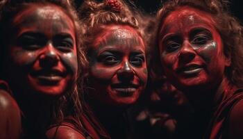 jong Dames met gezicht verf genieten nachtleven dansen buitenshuis met mannen gegenereerd door ai foto