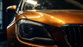 glimmend chroom bumper weerspiegelt wazig beweging van modern sport- auto gegenereerd door ai foto