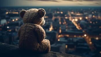 teddy beer zittend Aan besneeuwd dak, met uitzicht stad horizon Bij schemer gegenereerd door ai foto