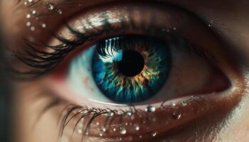 groen iris, blauw ogen, glimmend wimper, staren Bij camera, schoonheid gegenereerd door ai foto