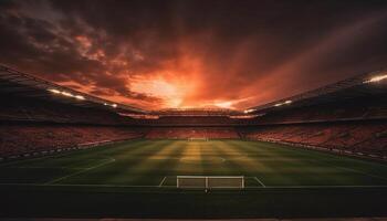 helder schijnwerpers verlichten de groen grasmat net zo atleten Speel voetbal gegenereerd door ai foto