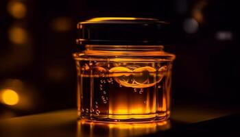 gouden whisky fles Aan donker tafel, verlichte door terug licht gegenereerd door ai foto