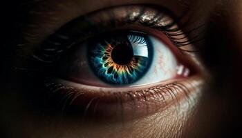 blauw ogen vrouw staren Bij camera met macro visie van iris gegenereerd door ai foto