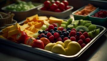 overvloed van vers fruit Aan groot dienblad voor gezond snacken gegenereerd door ai foto