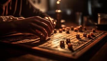 creatief muzikanten concurreren in schaak spel, genieten van vrije tijd werkzaamheid binnenshuis gegenereerd door ai foto