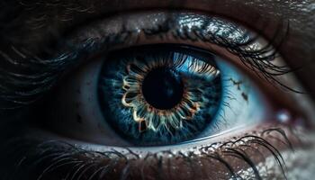 blauw ogen vrouw staren Bij camera met dichtbij omhoog macro lens gegenereerd door ai foto