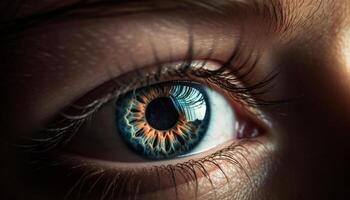 blauw ogen vrouw staren Bij camera, wimpers en iris prominent gegenereerd door ai foto