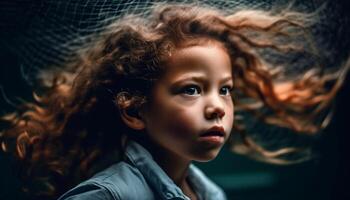 mooi jong vrouw met gekruld bruin haar- glimlachen Bij camera buitenshuis gegenereerd door ai foto