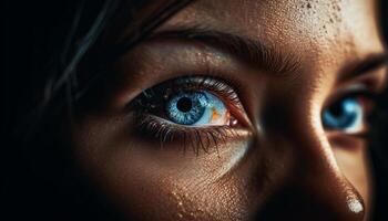 jong vrouw staren met schoonheid Bij camera, blauw ogen macro gegenereerd door ai foto