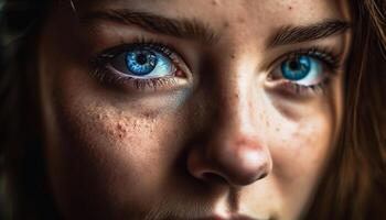 jong volwassen vrouwtjes op zoek Bij camera met vrolijk blauw ogen gegenereerd door ai foto