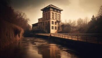 oude brug weerspiegelt oud christen monument in rustig herfst landschap gegenereerd door ai foto