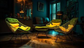 luxe leven kamer met modern meubilair, verlichte door elektrisch lamp gegenereerd door ai foto