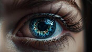 blauw ogen vrouw staren, dichtbij omhoog van iris, schoonheid in macro gegenereerd door ai foto