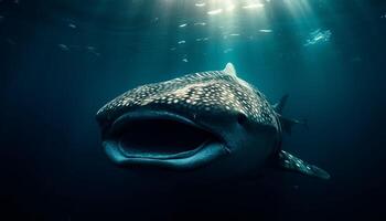 majestueus onderwater- dier zwemmen in blauw zee, op zoek Bij camera gegenereerd door ai foto