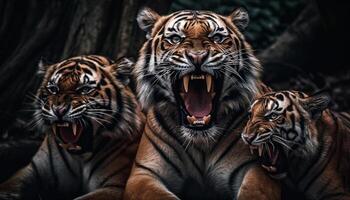 gestreept Bengalen tijger staren fel, tonen uit majestueus geel vacht gegenereerd door ai foto