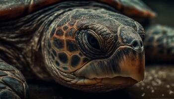 langzaam in beweging schildpad kruipt Aan rif, haar taai schelp beschermen het gegenereerd door ai foto