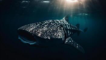 een majestueus walvis haai zwemmen in de rustig blauw zee gegenereerd door ai foto