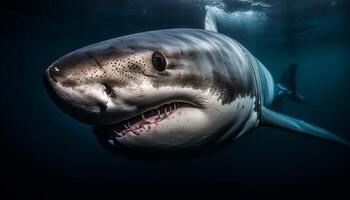 majestueus onderwater- zoogdier met scherp tanden en reusachtig vin zwemmen dichtbij omhoog gegenereerd door ai foto